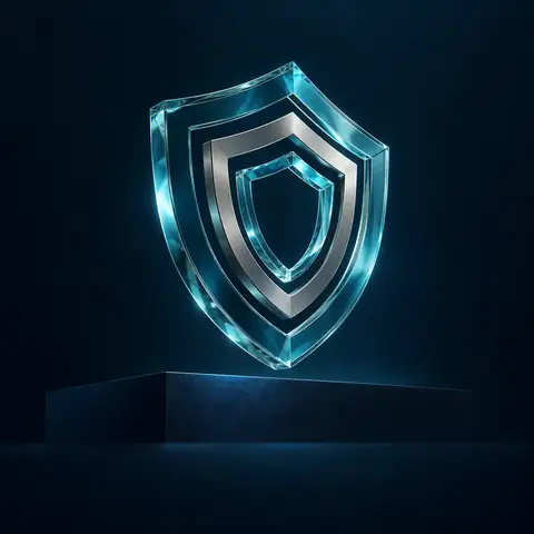 A sculptural glass shield with cyan edges.
